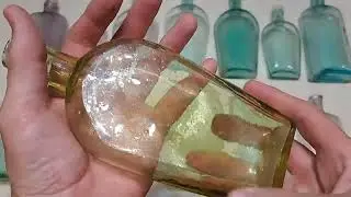 FLASKS Antique Bottles ~ Coffin Shoofly, Picnic Pumpkin Seed, Pocket Hip Flask, Union Oval &copy;