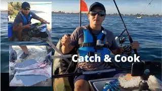 Kayak Fishing Botany bay CATCH & COOK Flathead on the beach ( Fish wrapped in bacon RECIPE)
