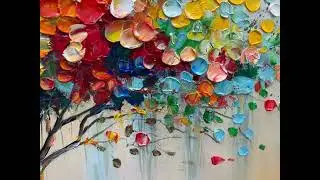 Abstract Colorful Tree Oil Painting, Original Blooming Tree Canvas Art, Large Wall Art