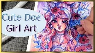 Watercolor and Copic Marker illustration &diams; Speed paint cute doe girl portrait by Sakuems