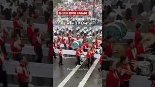 Marching bands make the tricky TV Corner turn during the 2026 Rose Parade in Pasadena