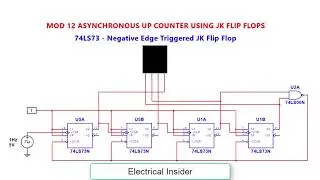 Mod 12 Asynchronous Up Counter using JK Flip Flops - Multisim Simulation