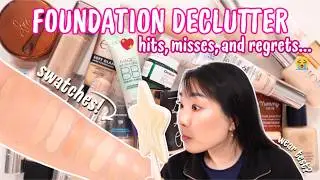 Let's Declutter My Foundation Collection! || High-end & Drugstore + swatches! 🤩