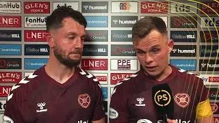 Craig Halkett and Lawrence Shankland react after Hearts' Edinburgh Derby win