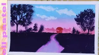 pink sky oil pastel drawing, step by step painting for beginners, beautiful scenery #oilpastel #art