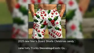 2025 new Men's Board Shorts Christmas candy cane holly Trunks Drawstring Elastic Quick Dry Hawa