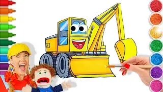 Excavator Drawing and Coloring with Markers and GLITTER for Kids & Toddlers | Simple Easy Art Tips