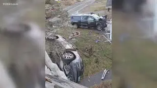 Pickup truck hits telephone pole, house and parked car in Torrington crash