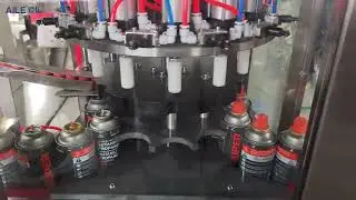 AILE 120CPM Automatic Red Outer Cap Feeding Machine Butane Gas Production Line Test (left to right)
