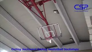 Ceiling suspended backward folding basketball backstops