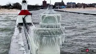 The Lighthouse Is Freezing Over! St. Joseph Ice Buildup (Insane Winter Scene 6K Drone Footage