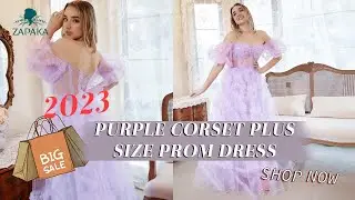 Zapaka Women A Line Off the Shoulder Purple Corset Plus Size Prom Dress with Bowknot
