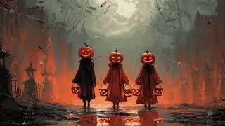 Halloween theme 3 silhouettes with pumpkin head