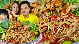 ส้มตำปลาร้านัวร์ๆ ครีบปลาแซลมอนทอดกรอบ กินแซ่บกับพระเอกมิวสิค น้องยูทูปด้วยครับ