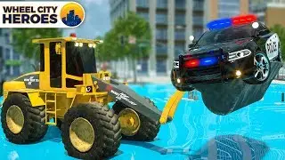 Police Car Stuck in Puddle | Excavator Pulling Police Car | Wheel City Heroes Cartoon