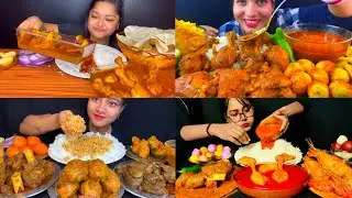 ASMR; EATING SPICY*CHICKEN CURRY,MUTTON/EGG CURRY,BASANTI PULAO,RICE EATING CHALLENGE MUKBANG 2X 