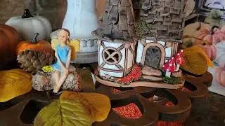 Cozy corner tier tray with fairies and thanksgiving decorations