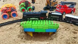 big crane and truck bulldozer rescue train then repair railway train and build new bridge