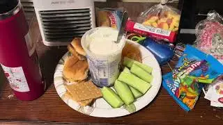 White Castle Cheeseburgers, Cucumbers, Orange Slices, Marion Berry Yogurt, and Graham Crackers