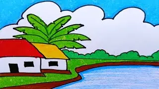 Easy landscape drawing for kids and beginners|Learn house and nature simple painting