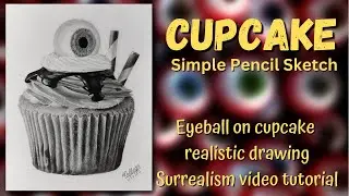 Easy cupcake drawing, Eyeball on cake surrealism simple still life realistic pencil sketch