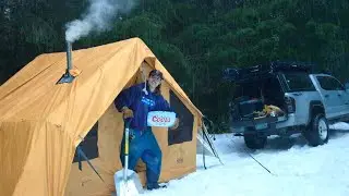 Cozy Winter Hot Tent Camping & Cooking on Wood Stove (SOLO in SNOW)