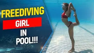 💓🐬Freediving girl in pool. Girl swimming underwater.