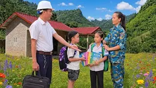 CEO Thang gifts a set of books to a veteran's daughter during a visit to the farm with his son.