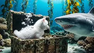 A very fluffy white kitten in an underwater treasure chest full of gold,a great white shark #ai #vio