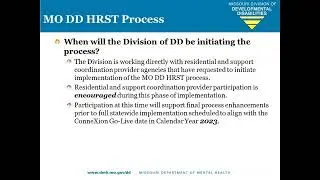 Missouri Division of Developmental Disability's Health Risk Screening Tool HRST Process   Support Co