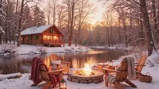 Winter Piano Music Riverside Porch ❄️🔥 Cozy Fire Pit, Calm Snowfall Sounds for Study, Work