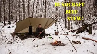 Bushcraft snow day! Winter woods, tripod cooking, beef stew.