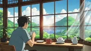 Anime window view of mountains and a lake with relaxing birds and water sounds ☀️1080p ambience
