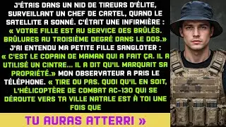 Appel reçu dans mon nid de sniper. Ma fille marquée par le copain de sa mère. Rentré en hélico armé.