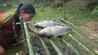 Primitive technology   Primitive wild girl catching fish and cooking fish   Survival skills 09
