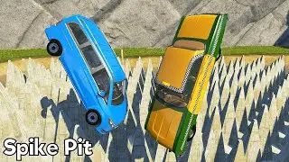 Cars Jump Into A Spike Pit - BeamNG.drive Vehicles Jumping On Spikes