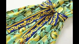 Yellow and Green Flower Lemon Print Extra Long Pleated Belted Sleeveless Dress