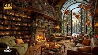 Romantic Winter Jazz with Vast Library Window | Bookish Focus, Hearth Glow & Valentine Mood