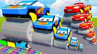 Big & Small Double Monster Saw Wheels: Tesla Cybertruck vs Lightning Mcqueen vs Train | BeamNG.Drive