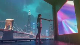 [1hour]  Cyberpunk girl standing in a rainy futuristic city 2