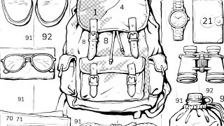 Mountain climbing gear complete with bag, shoes, and a map | Coloring Games