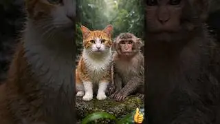 cute cat and baby monkey in th rain #cat #monkey #babymonkey #cutecat #shorts #viralvideo #foryou