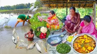 বাগানের সবজি আর পুকুরের রুই মাছ ধরে ফুলকপি দিয়ে ঝোল ও পিড়িং শাক ভাজা। Village Fishing Videos 