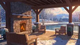Cozy Snowy Porch Ambience ❄️ Soft Jazz Music and Warm Fireplace for Reading, Relaxing and Focus