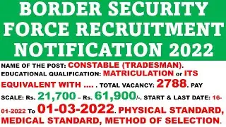 border security force recruitment notification 2022|constable(tradesmen)|BSF 2022