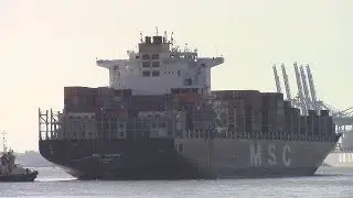 Container Ship MSC TOMOKO Inbound into Felixstowe, England - 2 Tugs