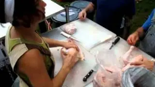 turning around while processing chickens