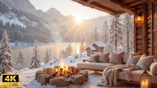 Winter Morning Porch Ambience❄Gentle Piano Music with Crackling Fireplace & Snowfall for Relaxation