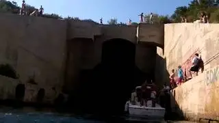 Jumping off submarine base in Vis, Croatia