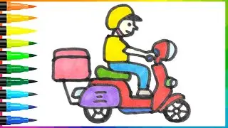 How to Draw Delivery Man Riding Red Scooter, Drawing and Coloring for Kids | Gary Art